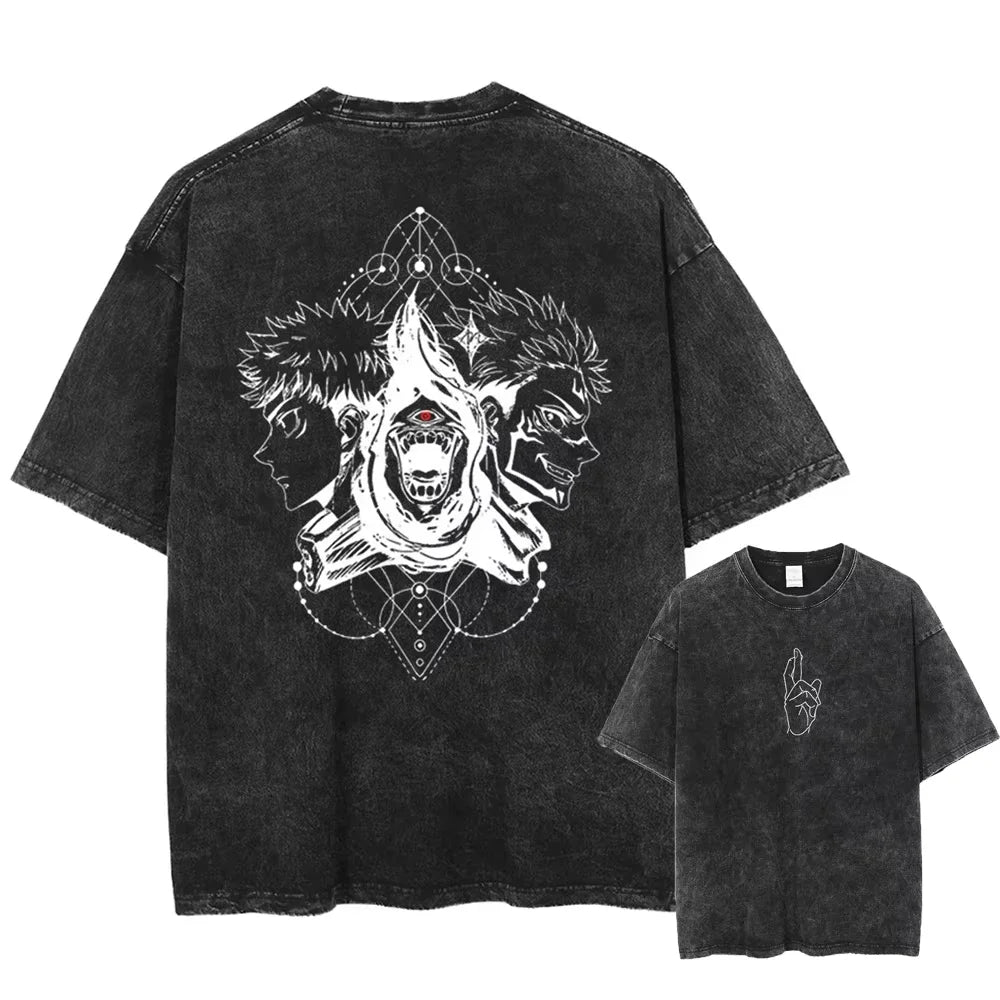 Japanese Anime Jujutsu Kaisen Print T-shirt Men Women Oversized Washed Anime Graphic T Shirts Streetwear Summer Tops Tees