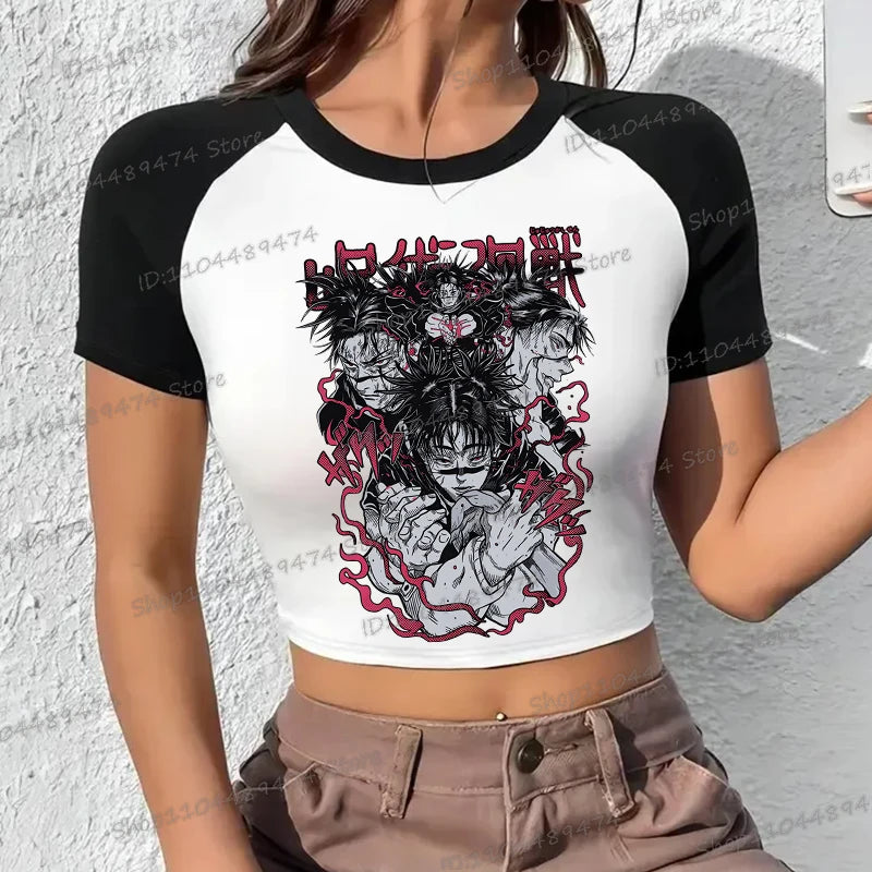 Women's Anime Jujutsu Kaisen Crop Tops Summer Casual Yuji Itadori Choso Print Cropped Slim Fit Short Sleeve Female T-Shirt